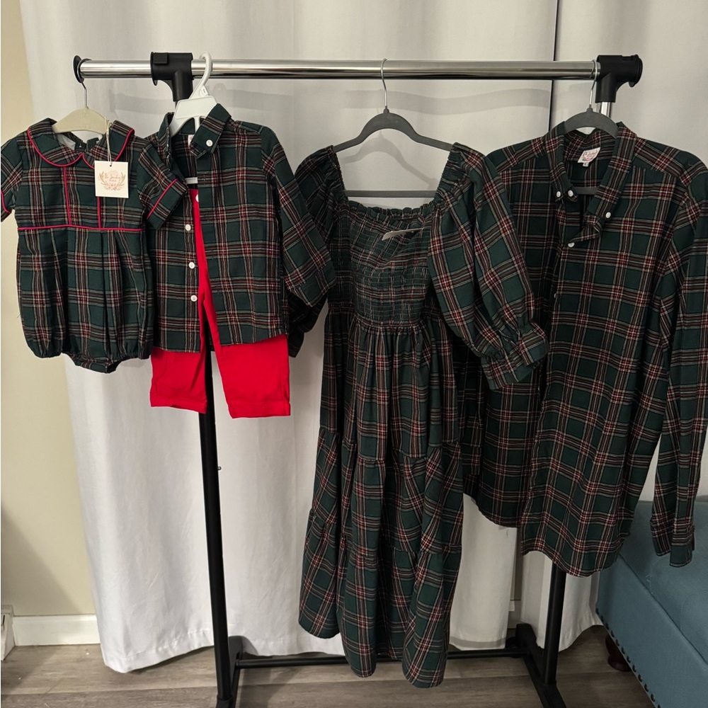 The Smocking Place matching holiday outfits (12m NWT, 2T, dress M NWT, shirt XL)